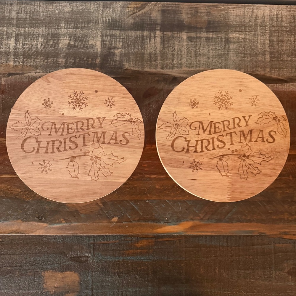Set of 2 Wooden 6.5" Merry Christmas Cake‎ Stands Dessert Display Lazer Engraved
